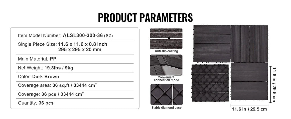 SucceBuy  Interlocking Deck Tiles Plastic Waterproof Outdoor Flooring All Weather Use Patio Floor for Porch Poolside Dark Grey