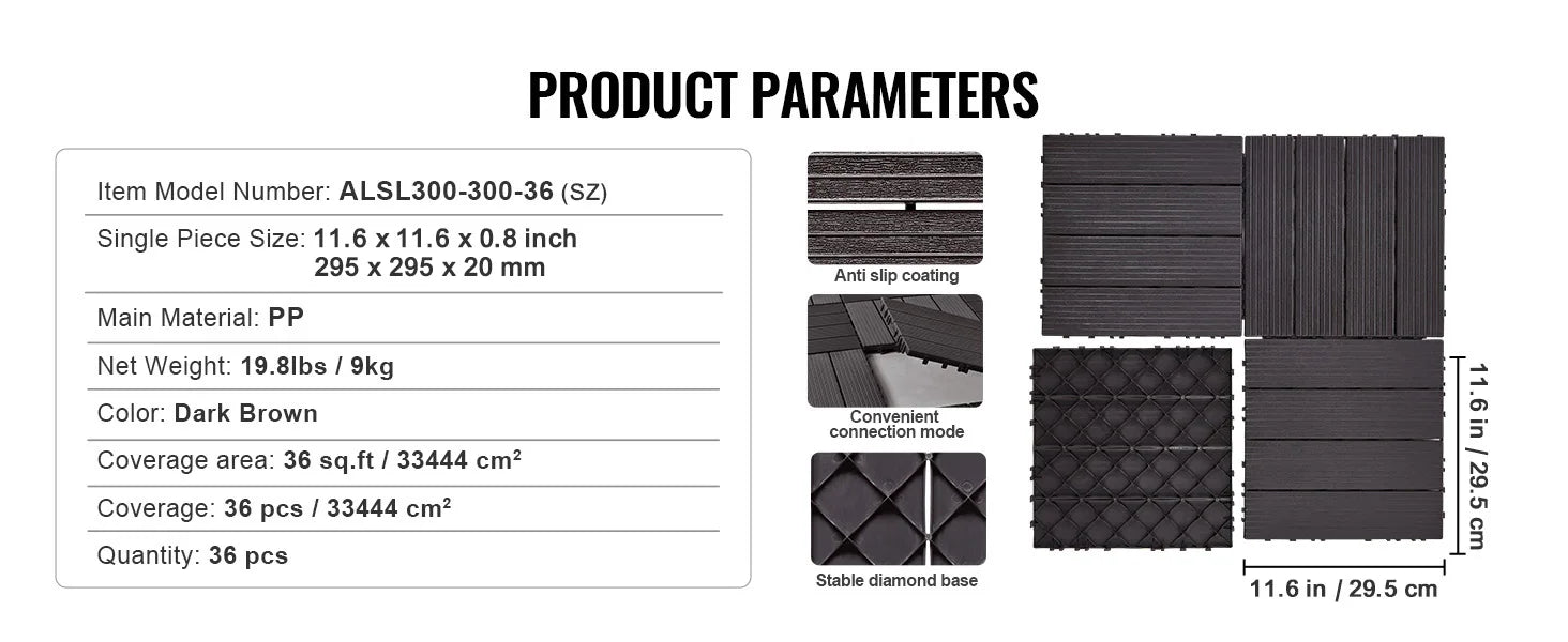 SucceBuy  Interlocking Deck Tiles Plastic Waterproof Outdoor Flooring All Weather Use Patio Floor for Porch Poolside Dark Grey