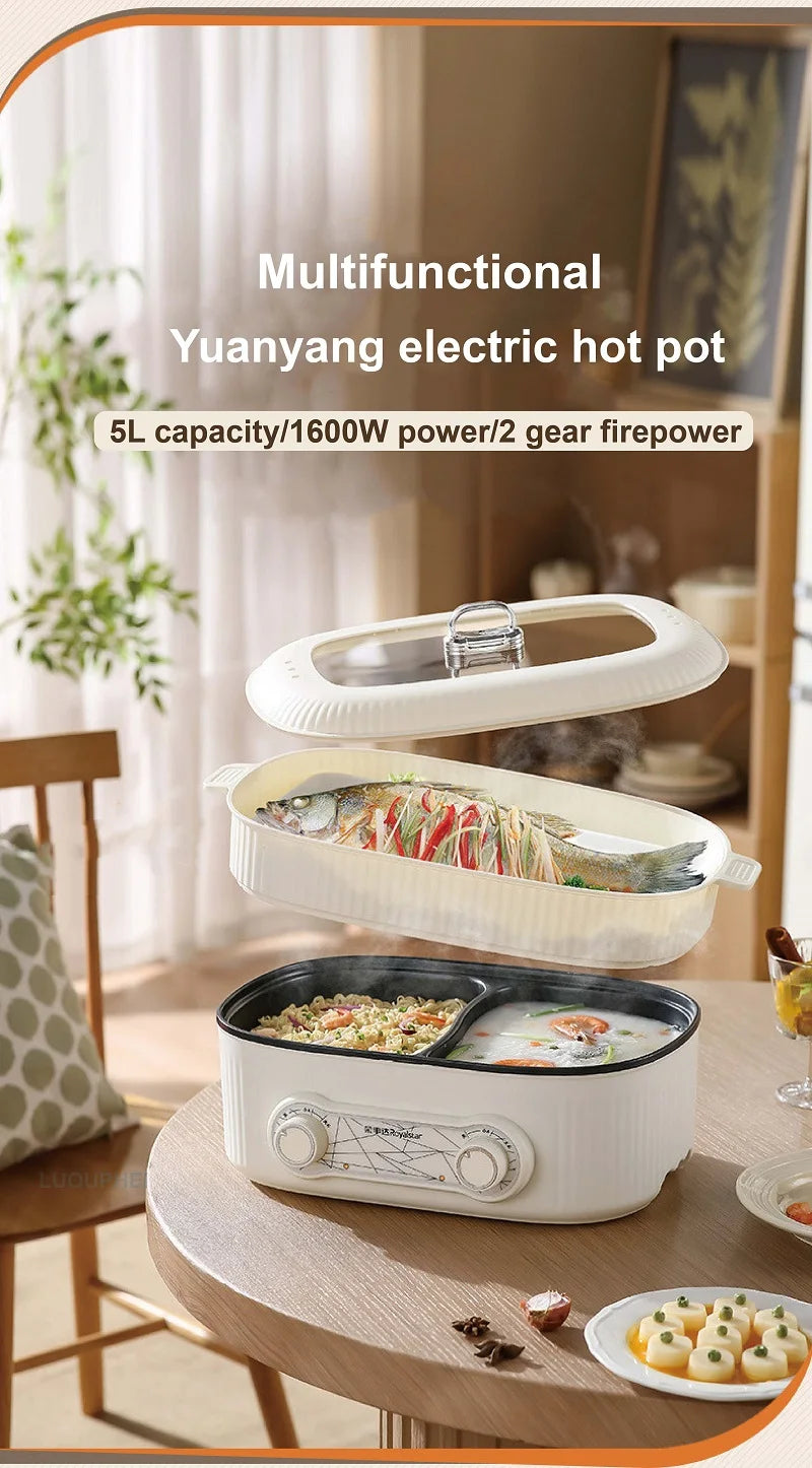 White electric cooking pot with transparent lid and steaming food, dual heating design