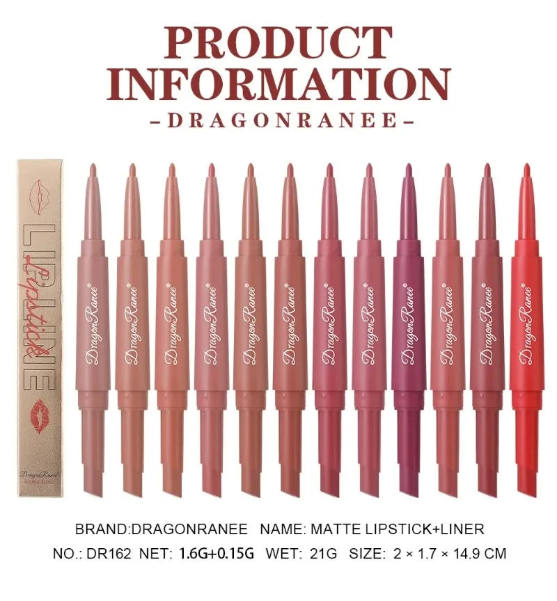DragonRanee dual-ended waterproof matte lip liner and lipstick set in various nude and rose red shades.