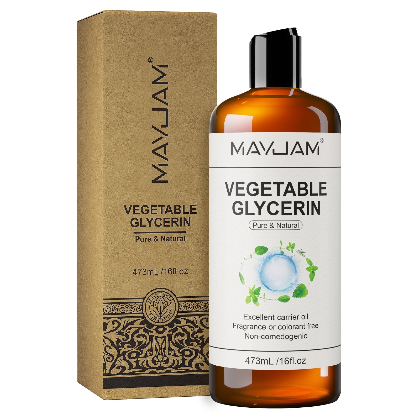 MAYJAM vegetable glycerin bottle and kraft box, 473 mL, pure and natural