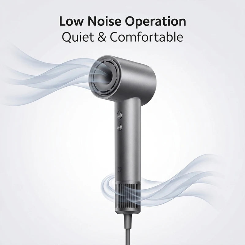 Grey MIJIA high-speed ionic hair dryer with quiet airflow, sleek modern design, and smart temperature control buttons.