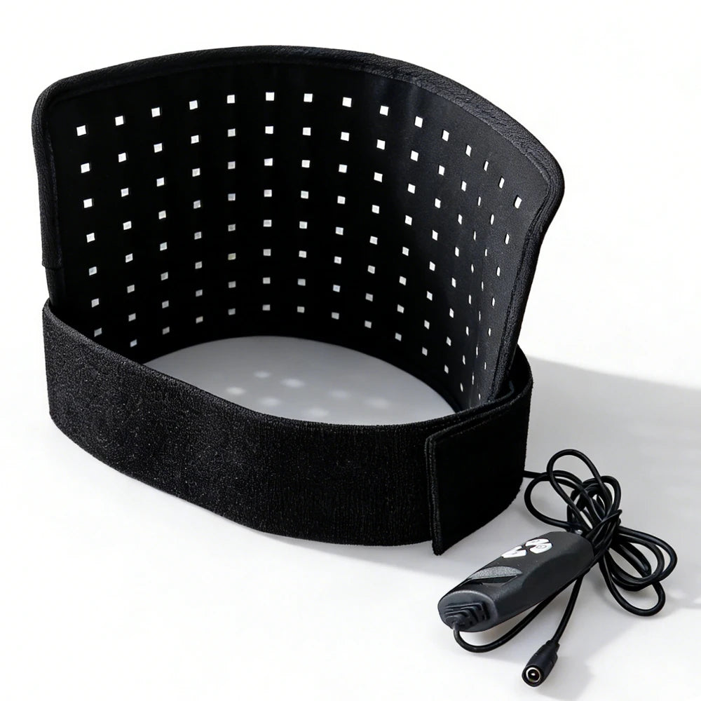Black 120 LED red light therapy waist belt for back pain relief, hot compress, and body shaping with wired controller.