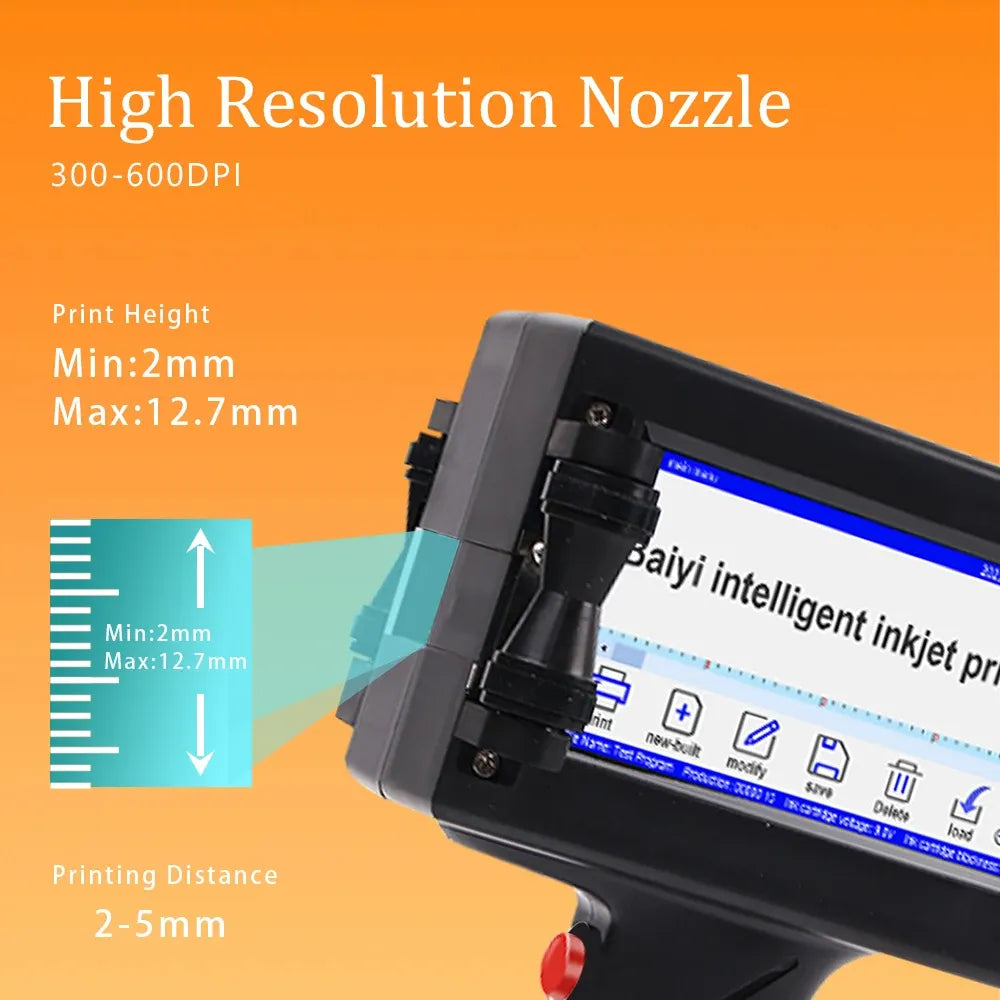 Portable handheld inkjet printer with display, nozzle head, and red trigger button