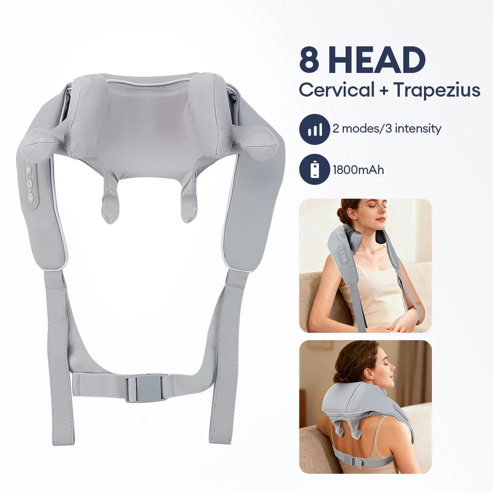 Wireless Neck and Shoulder Massager - 8-Head Deep Tissue Shiatsu Back Massage Instrument Tidesmit