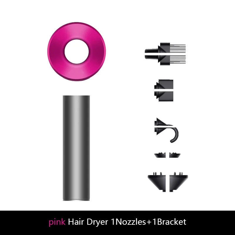 Pink professional ionic hair dryer with 5 styling attachments for versatile blowouts and salon-quality hair results.