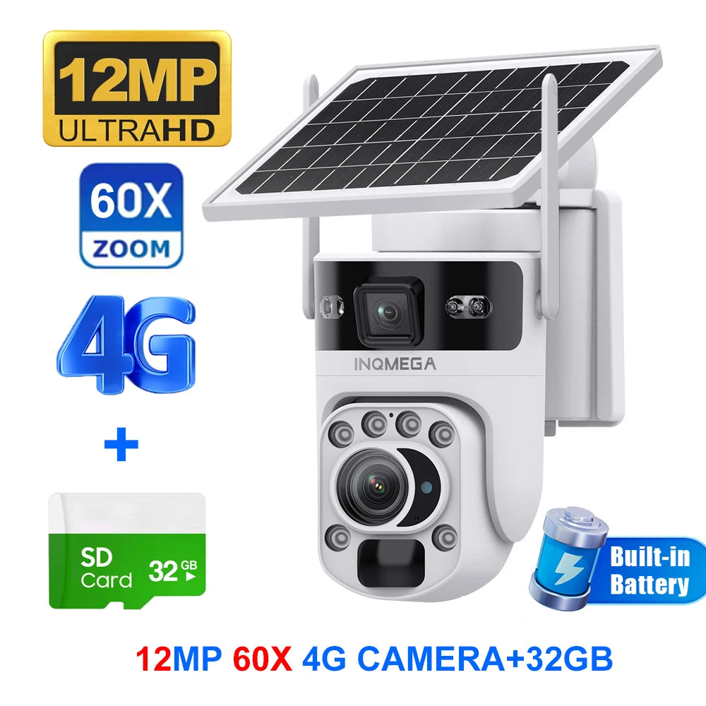 White solar PTZ 4G security camera with dual lens, 60X zoom, 12MP UltraHD, 32GB