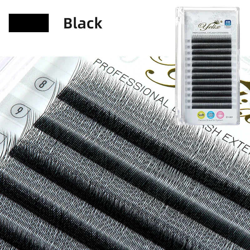Yelix 2D Y-shaped black eyelash extension strips in a professional plastic storage tray.