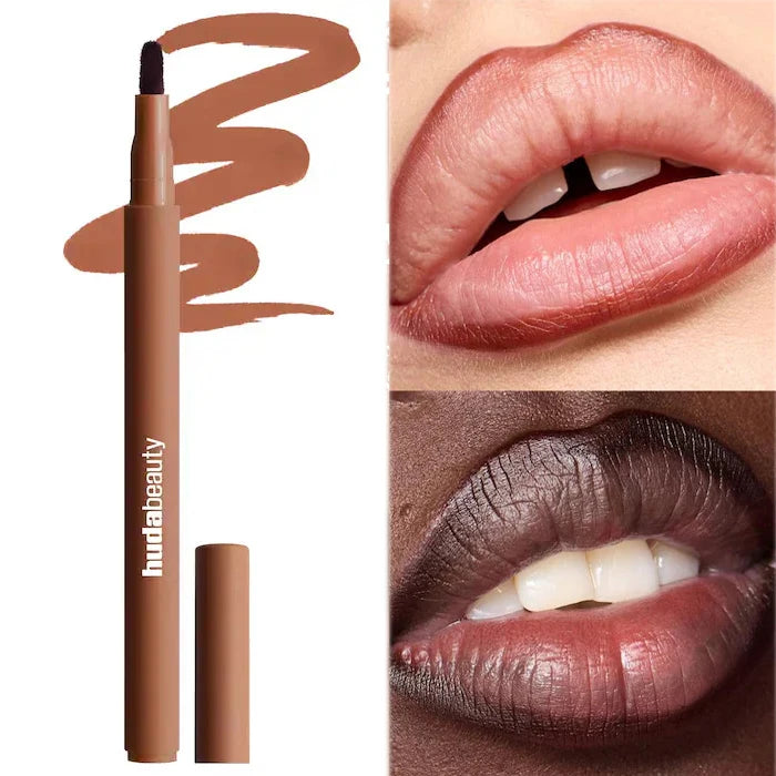 Huda Beauty hydrating lip and cheek stick in a natural nude-brown shade with a smooth, matte finish on lips.