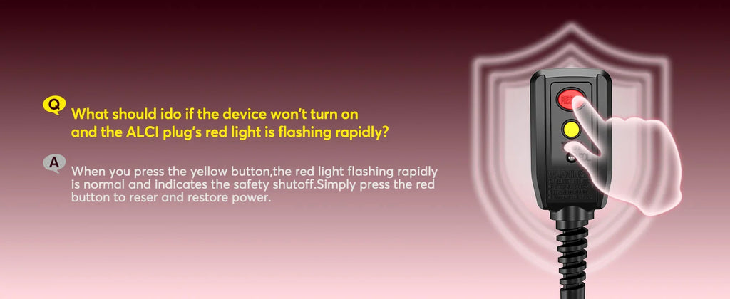 ALCI safety plug reset guide for 5-in-1 hair dryer brush showing red reset button and yellow test button operation.