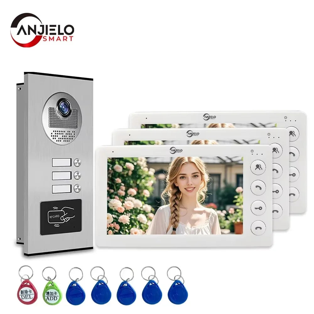 ANJIELO 7-inch 4-cable video door telephone system 2/3/4-unit multi-apartment intercom video doorbell with RFID card unlocking