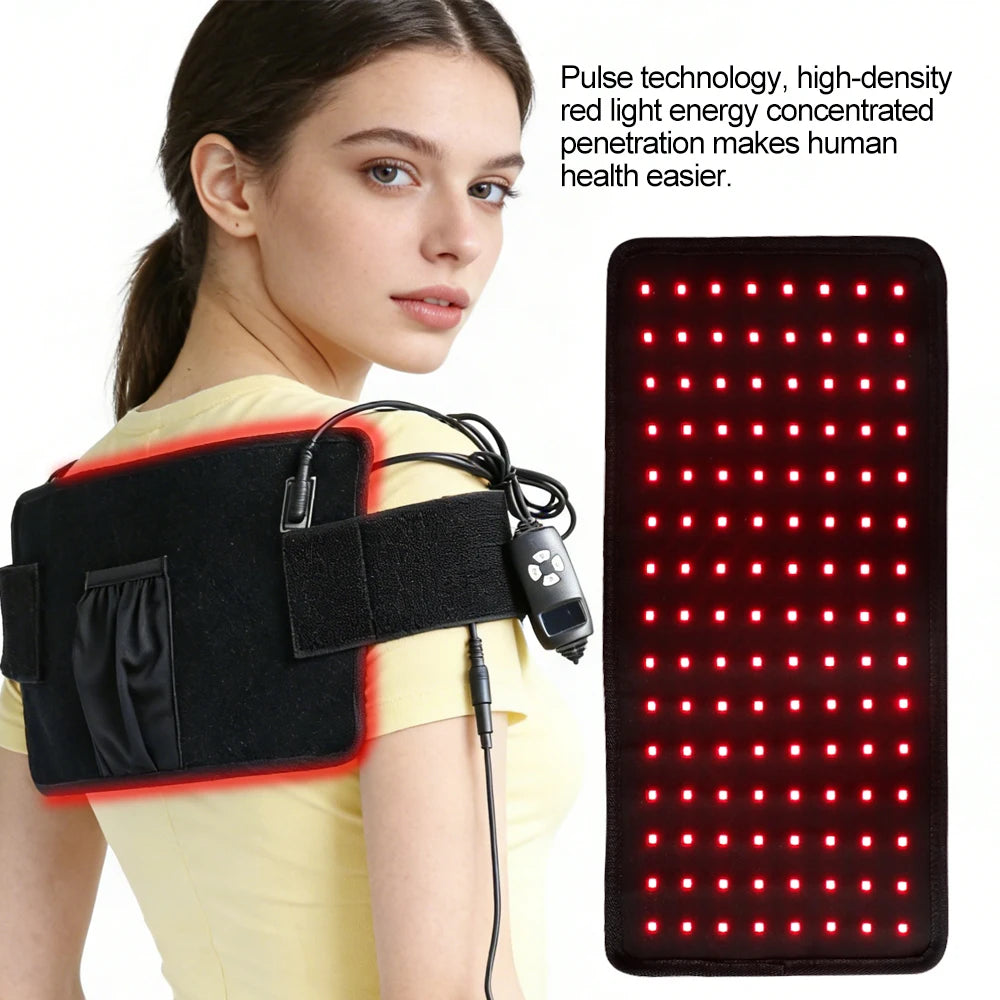 Woman wearing a 120 LED red light therapy belt for pain relief, body shaping, and hot compress, with hand controller.