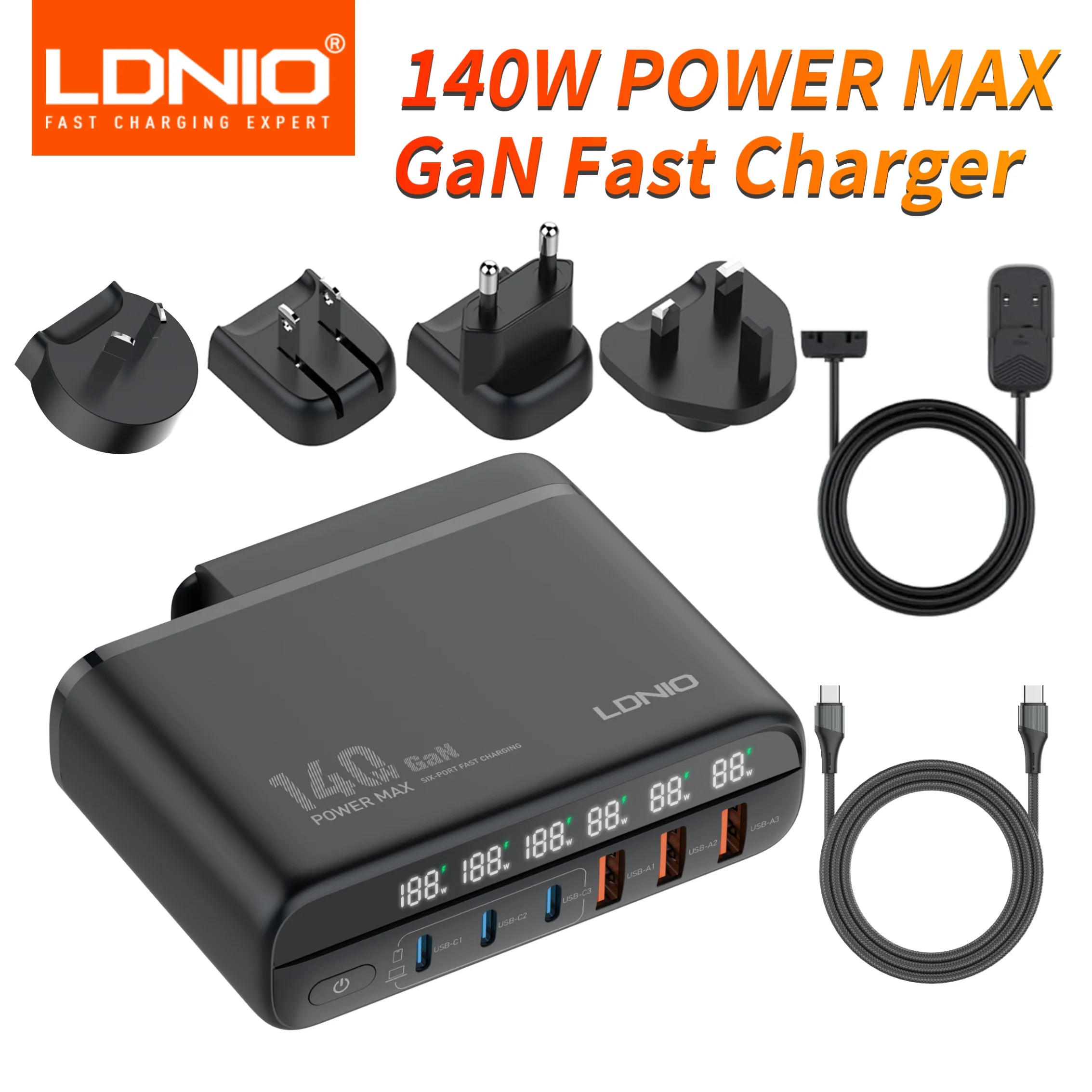 140W GaN USB C Charging Station 6-Port Hub for Universal Travel 140W US UK EU AU Tidesmit