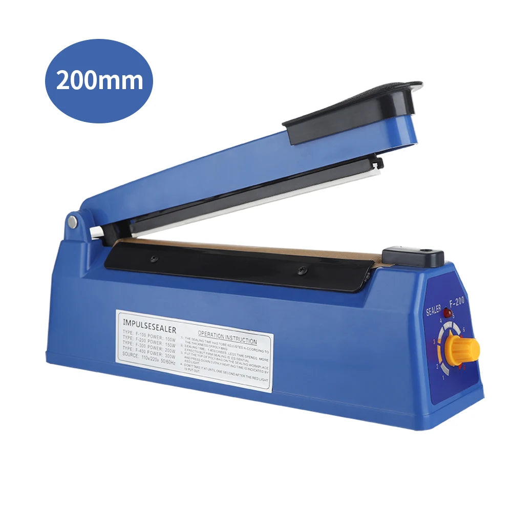 Blue 200mm impulse heat sealer with sealing bar and front control knob