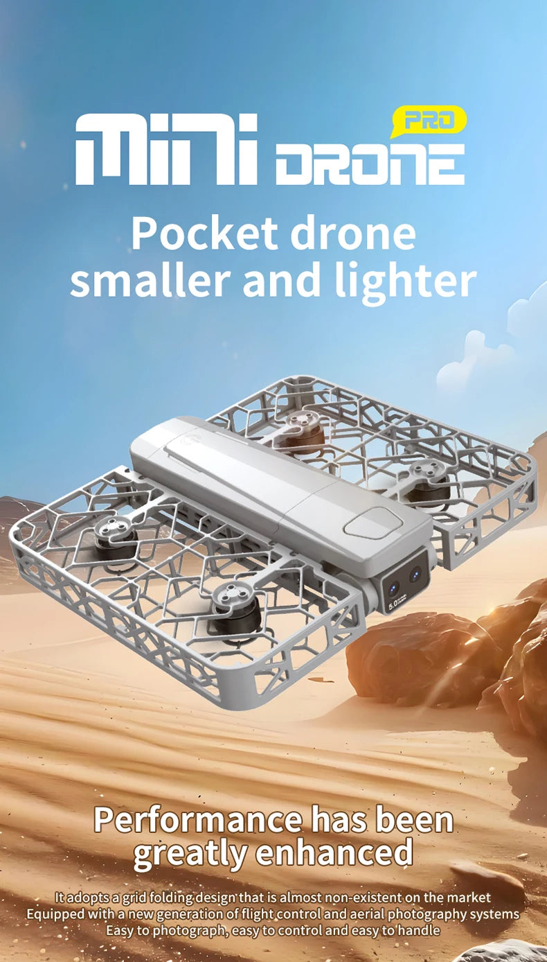 Light gray, square-shaped pocket drone with a protective grid frame and a front-facing camera for aerial photography.