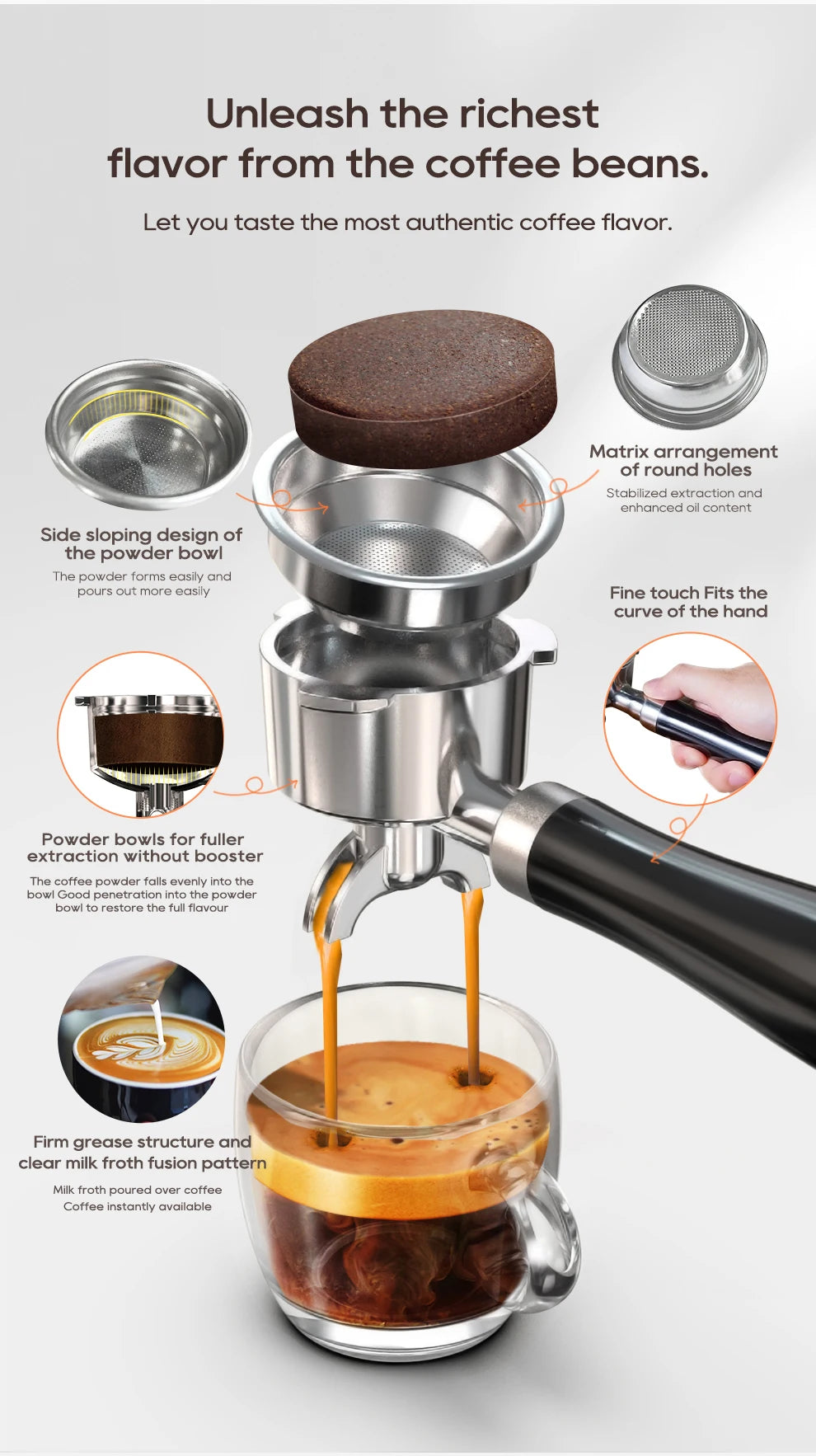 Stainless steel espresso portafilter with black handle and precision filter basket pouring coffee into a glass cup.
