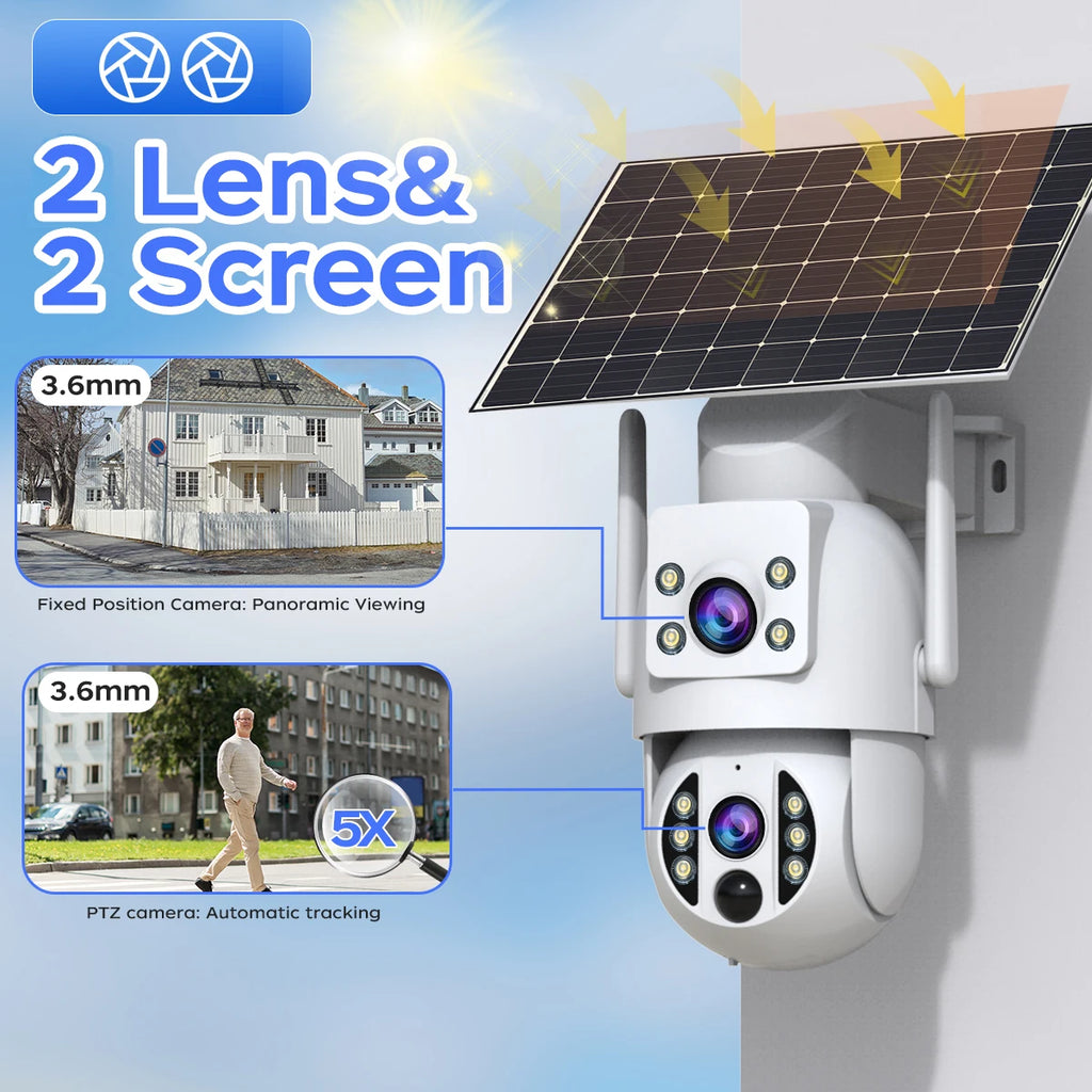 JOOAN 4K WiFi Solar Camera Dual Lens Outdoor Wireless AI Human PTZ IP Camera Built-in Battery Video Surveillance Camera