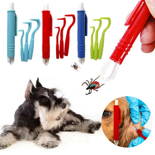 Pet flea removal tool set with blue, red, and green tweezers clips