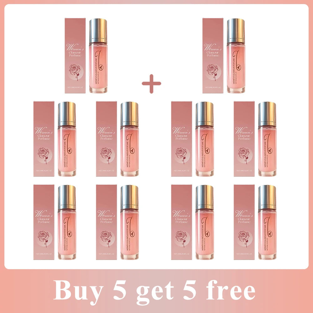 Women's Glamour Pheromone Perfume, portable long-lasting spray in tall glass bottle with rose design. Set of 10.