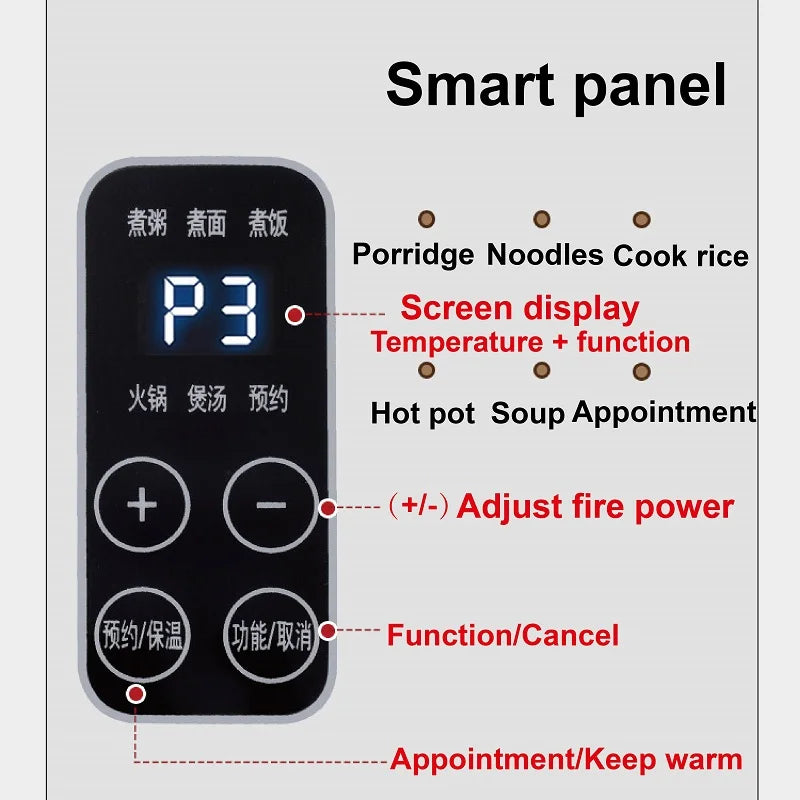 Electric cooking pot smart control panel with display and function buttons