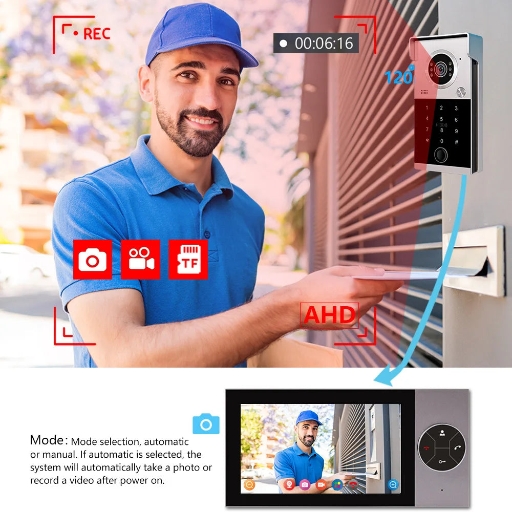 TUYA 1080P 7 Inch Color Touch Screen Wireless Wifi Video Doorbell Smart App Home Intercom Kit for RFID Access Control System
