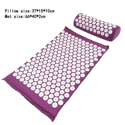 Acupressure massage yoga mat with spike pillow for back pain relief, side angle view of purple smart yoga mat set.