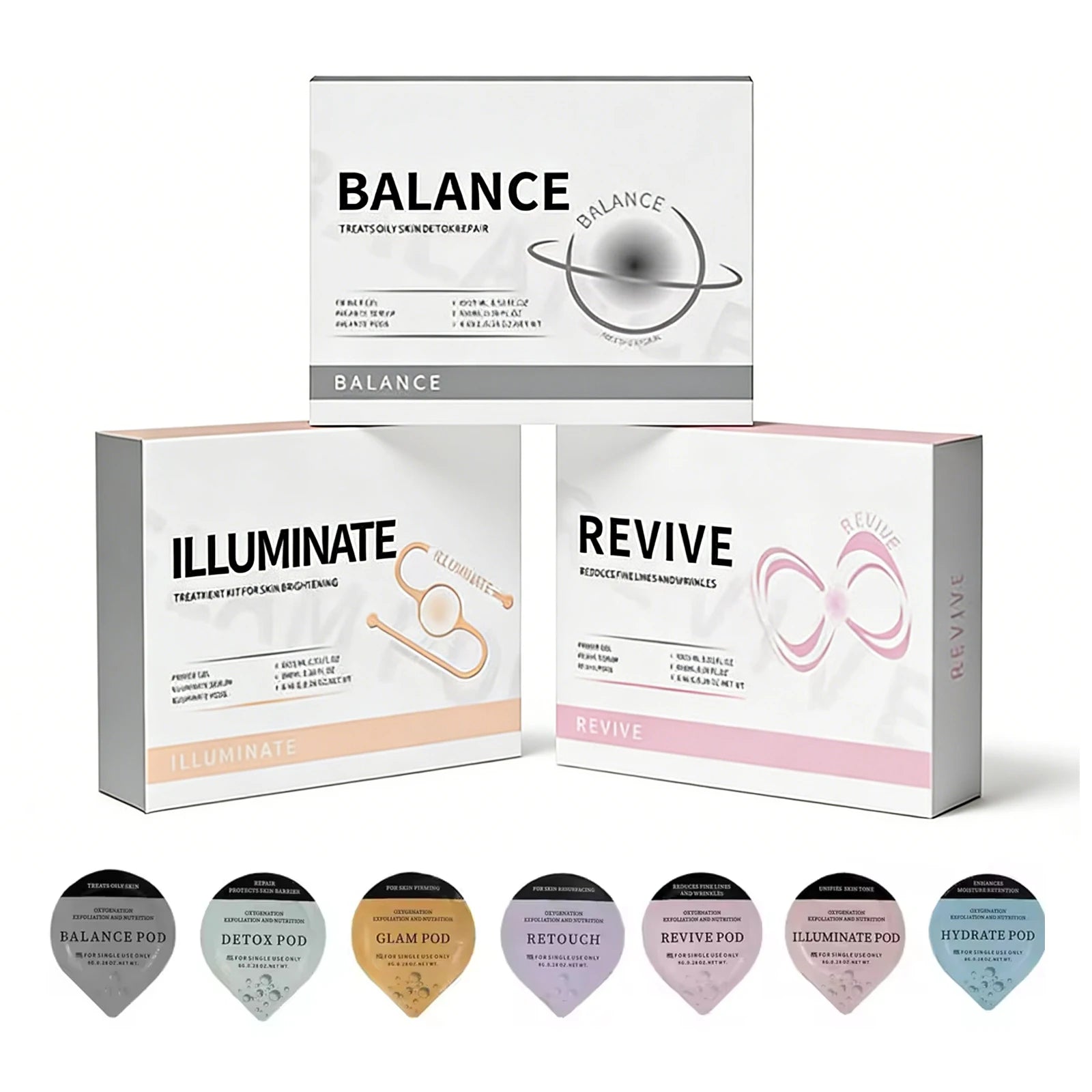 7 types of Oxygen Jet facial pods and serum kits for skin rejuvenation, exfoliation, and oxygen bubble therapy.