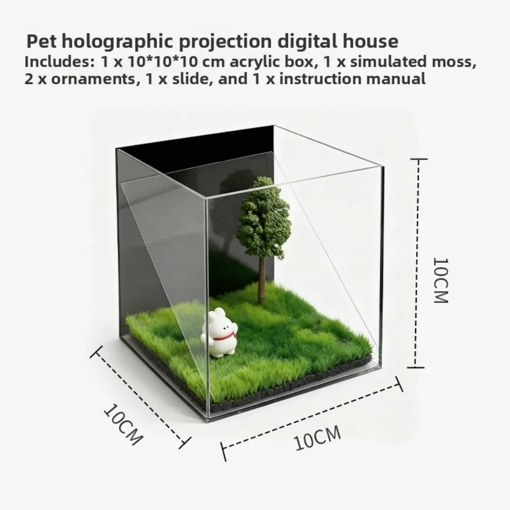 Acrylic 10cm pet holographic projection box for 3D digital souvenirs with moss, tree, and cat figure for pet memory.
