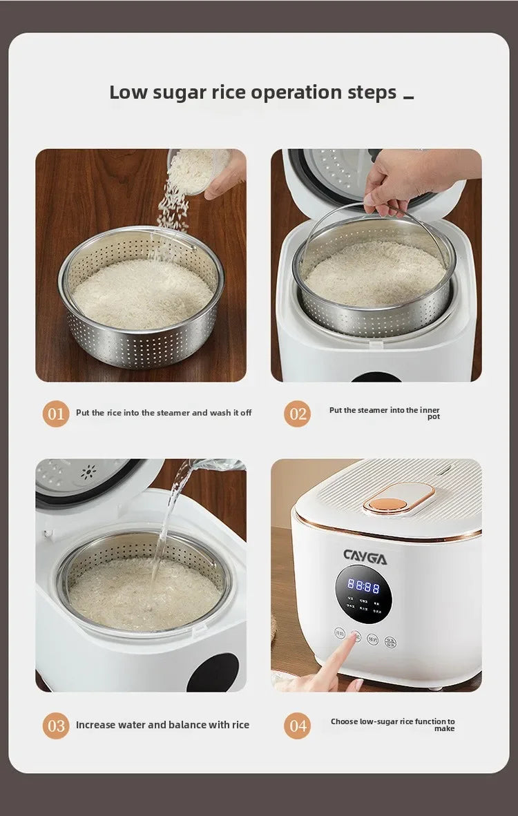 White mini electric rice cooker showing steaming steps with inner pot and steamer