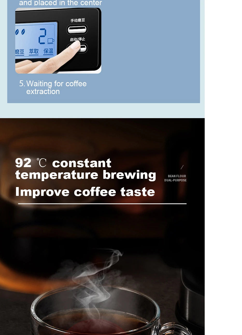 Black digital coffee maker with constant temperature brewing feature and bean-to-cup extraction control panel.