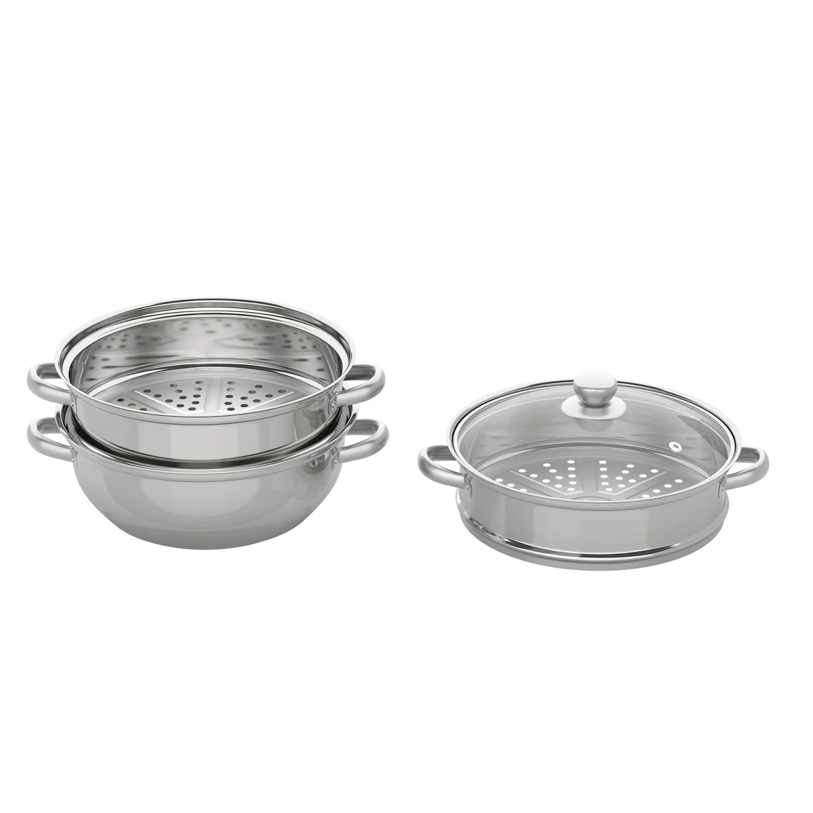 Stainless steel 3-tier steamer pot set with perforated basket and glass lid