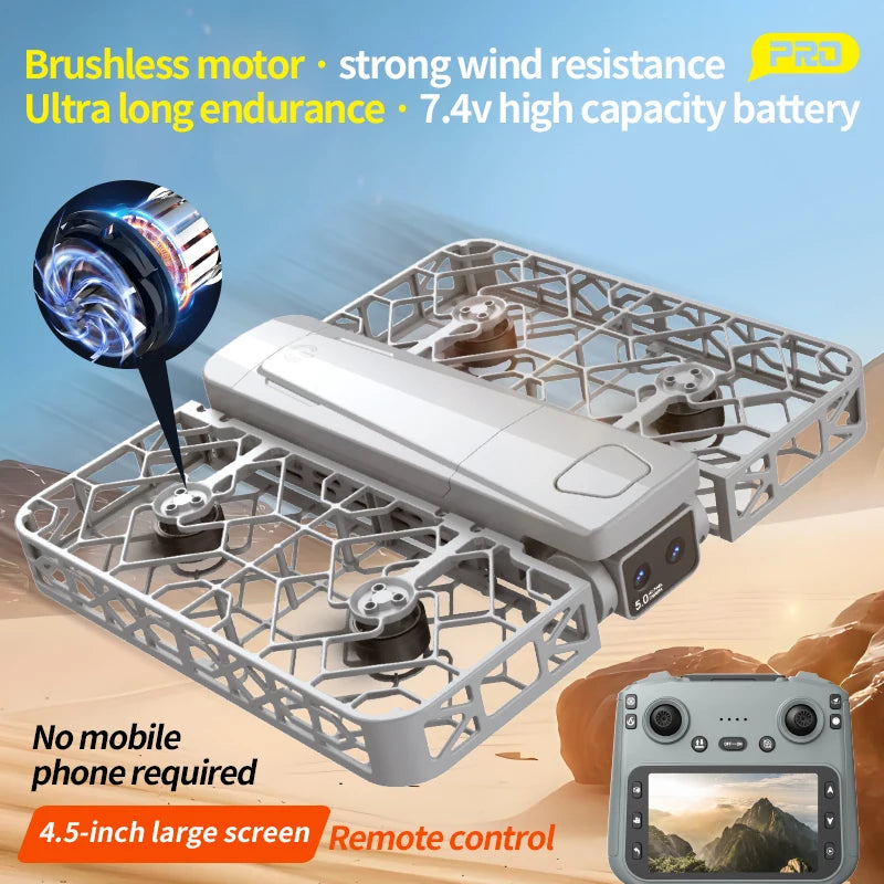Grey rectangular drone with protective blade guards, brushless motors, and a remote controller with a built-in screen.