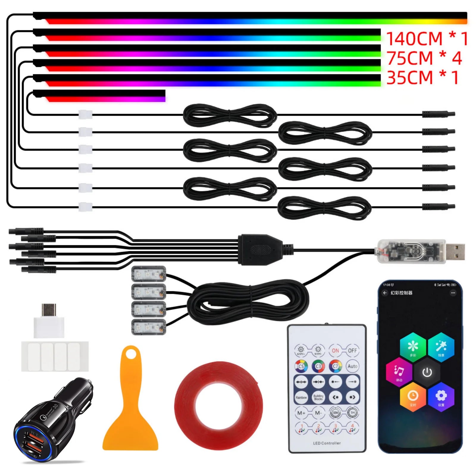 10-in-1 Car Ambient LED Lighting Kit - Customizable Atmosphere Lamp 10in1 with Cigar Tidesmit