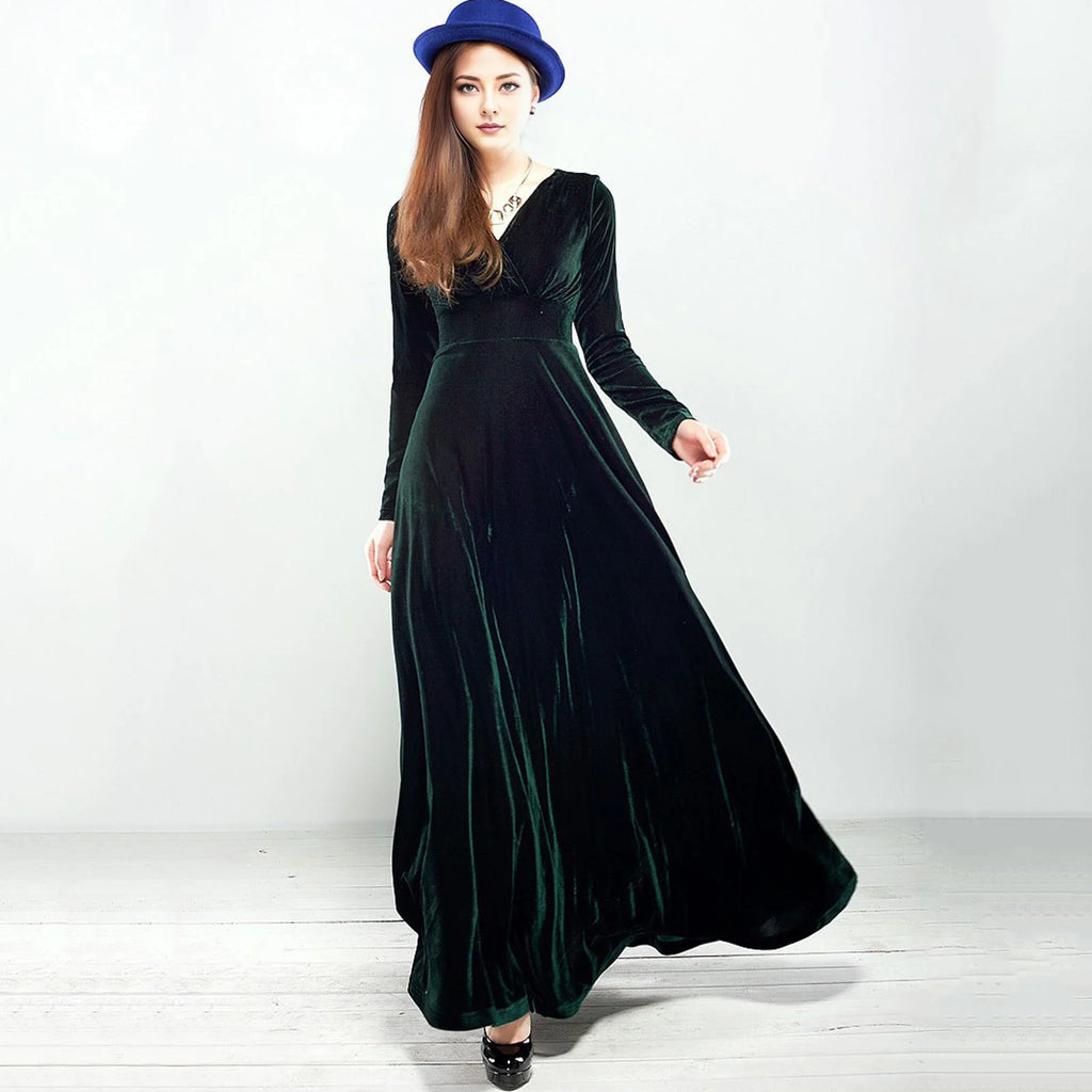 Vintage Women Autumn Long Sleeve V Neck Pleated Velvet Banquet Party Maxi Dress Party Wedding Elegant Evening dress 