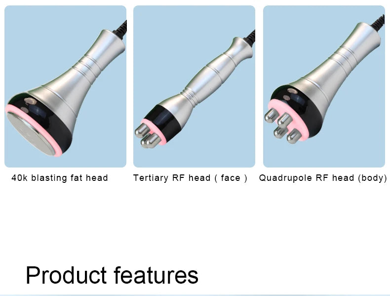Three silver-handled massager attachments: 40k fat cavitation head, 3-prong face RF head, and 4-prong body RF head.