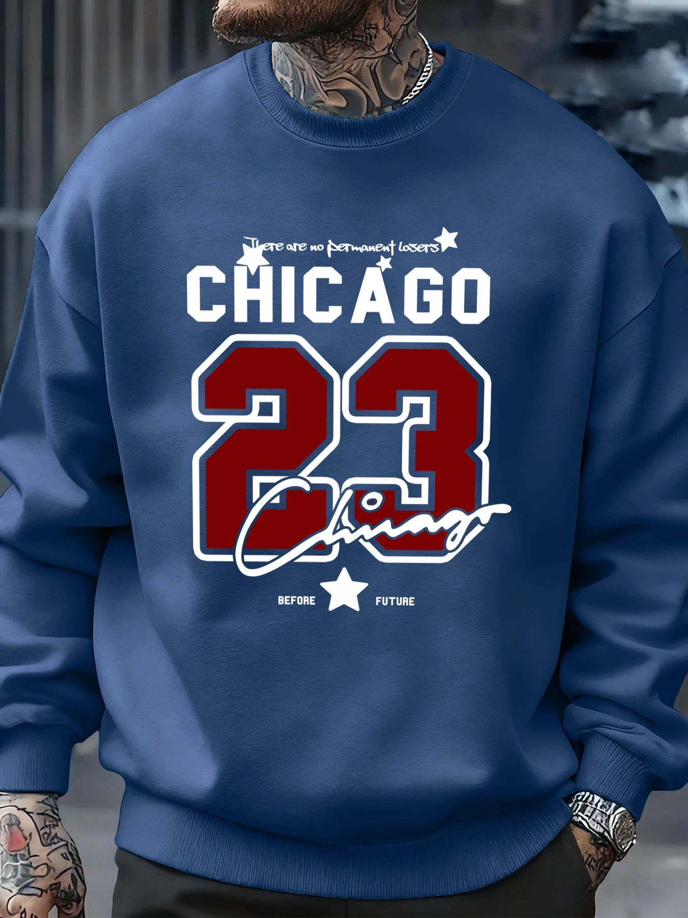 Blue fleece crewneck sweatshirt featuring a graphic Chicago 23 jersey-style print in red, white, and blue.