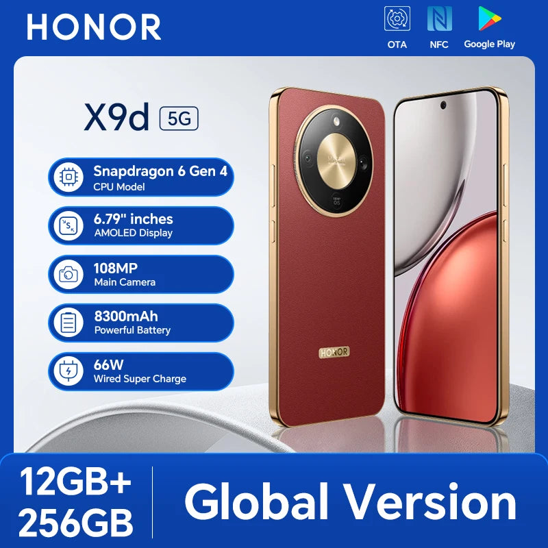 Red HONOR X9d 5G smartphone, 6.79" AMOLED, 108MP camera, 8300mAh, 66W charging, 12GB+256GB Global Version, dual view.