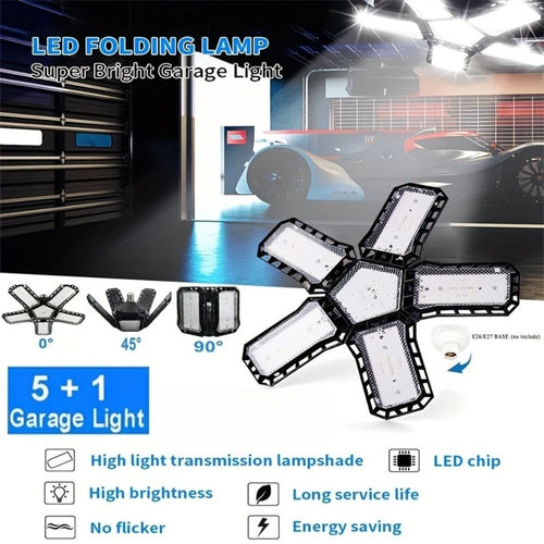 LED folding garage light with five bright panels and central hub, E26/E27 base