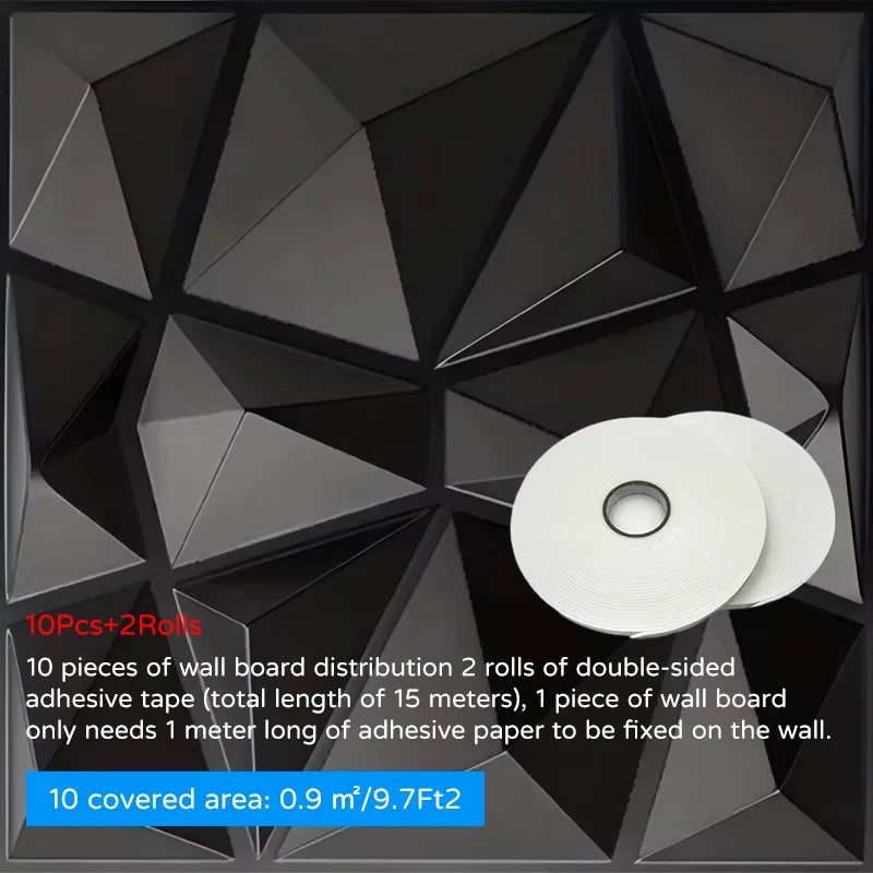 3D wall panel stickers with faceted geometric relief, black and gray tones, tape rolls included