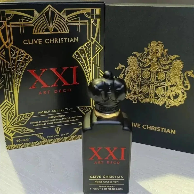 Clive Christian XXI Art Deco Amberwood perfume: 50ml elegant black crown bottle, luxury unisex fragrance, woody scent.