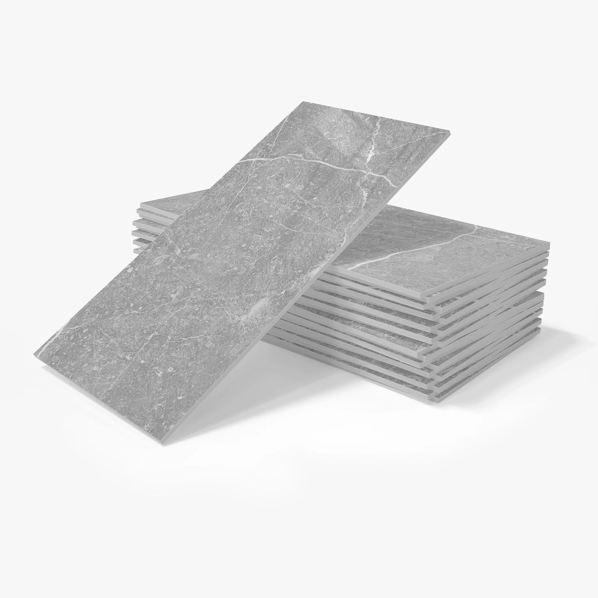 Self-adhesive ceramic tile sticker sheets, light gray textured stone look stack.