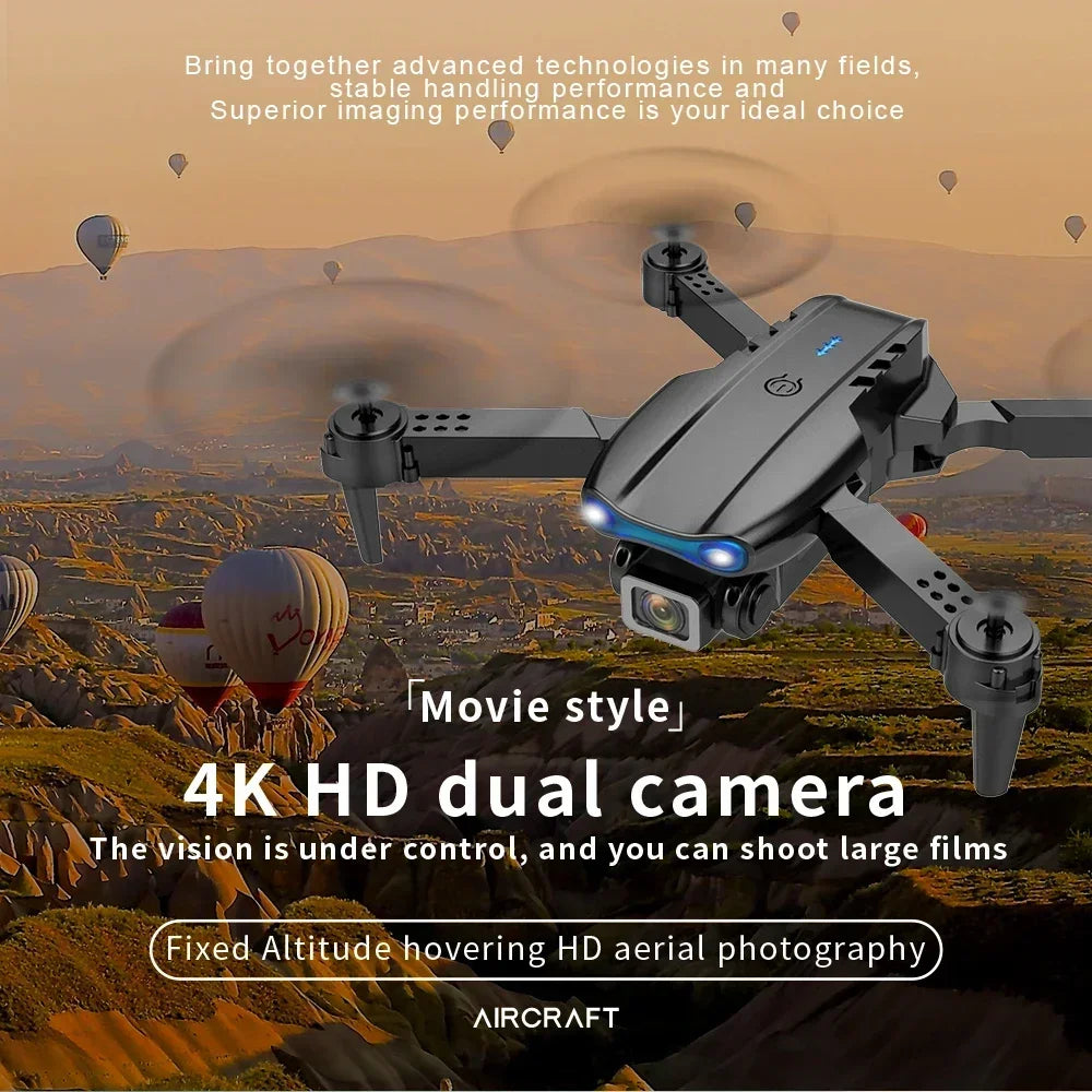 Black, foldable 4K quadcopter drone with dual cameras and LED lights, designed for stable aerial photography.