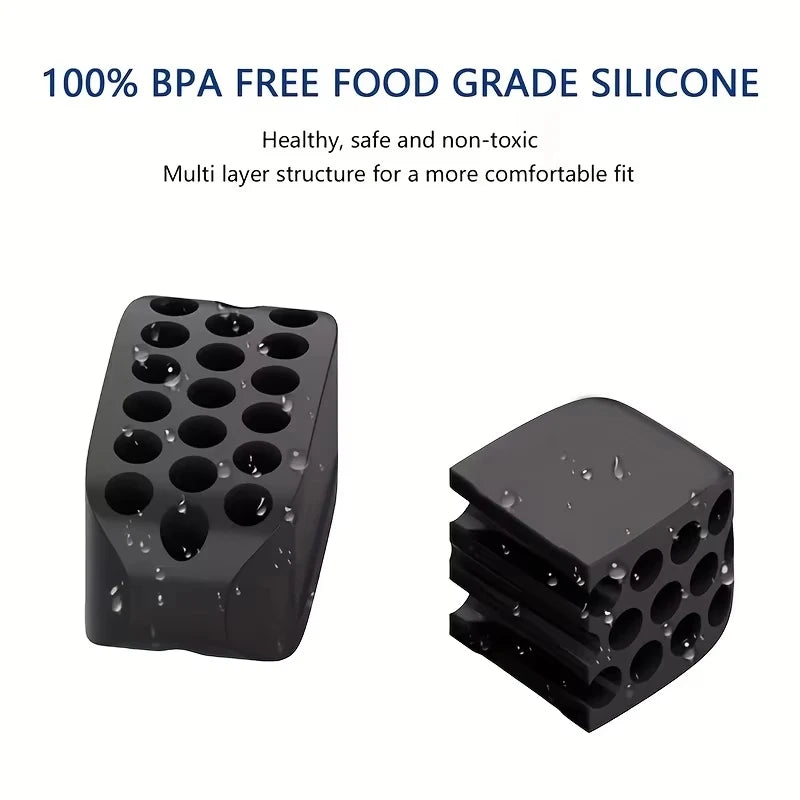 Two black, silicone masseter muscle training blocks with a grid of circular holes on a white background.