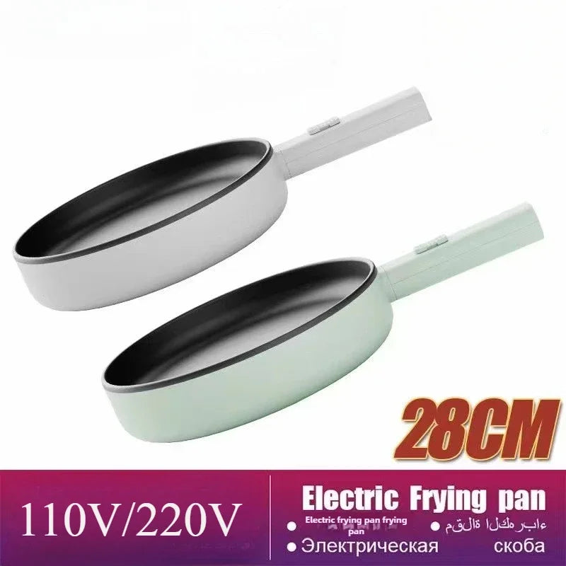 Set of electric frying pans, white and mint exteriors with black nonstick interiors
