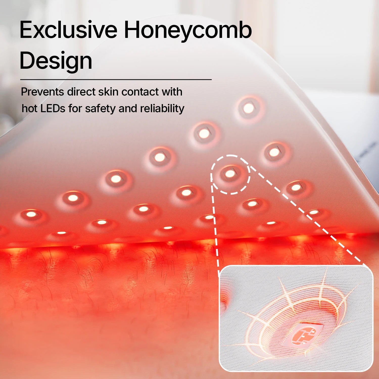 Close-up of a white, flexible red light therapy mat with a honeycomb LED layout to prevent direct skin contact.