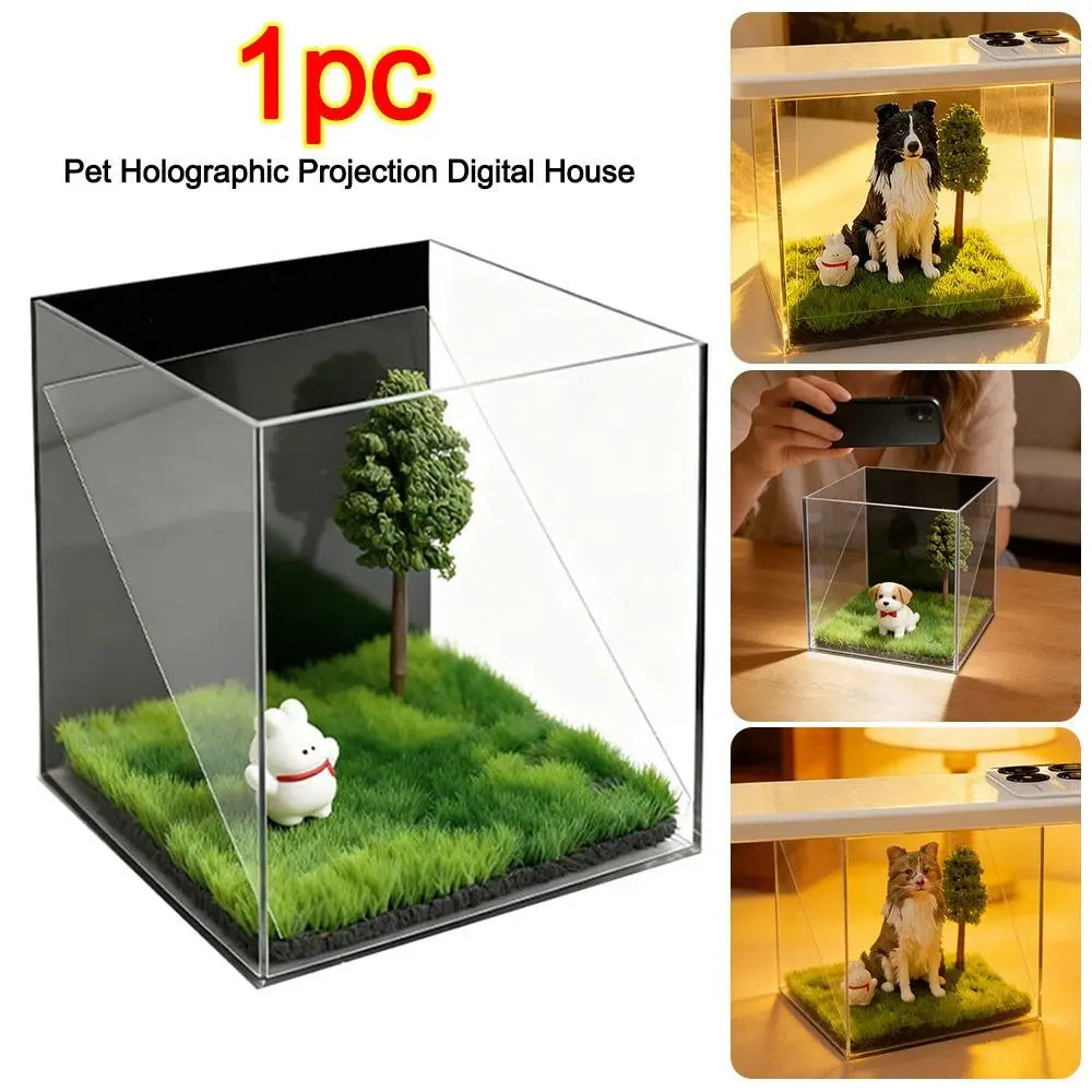 Clear acrylic 3D pet holographic projection house for creating custom digital pet souvenir displays.