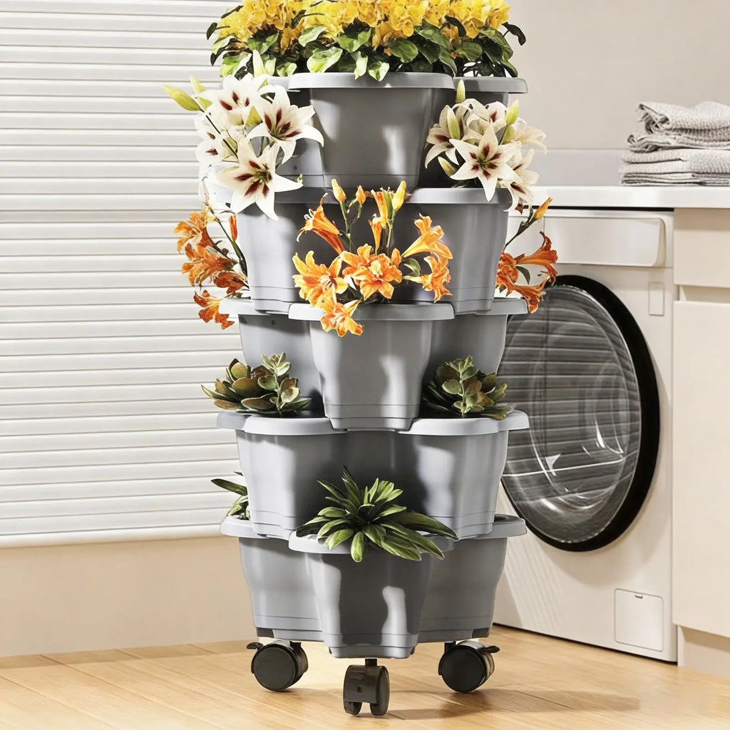 6-Tier Plastic Stackable Vertical Flower Pot Garden Planter Tower With Movable Casters For Strawberry Vegetable Frame Growing