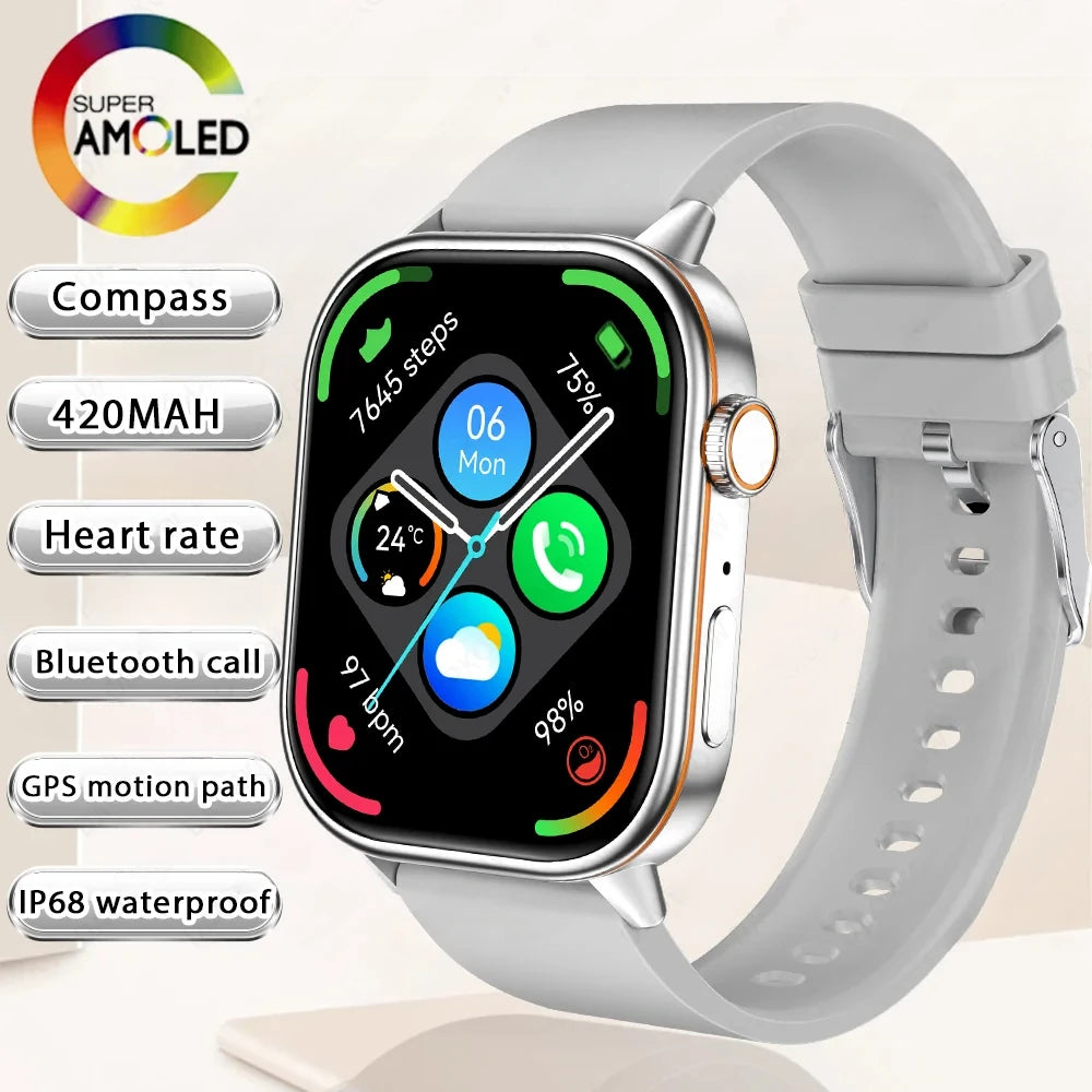 Sports smartwatch with light gray silicone band and silver-tone case, AMOLED heart and call icons