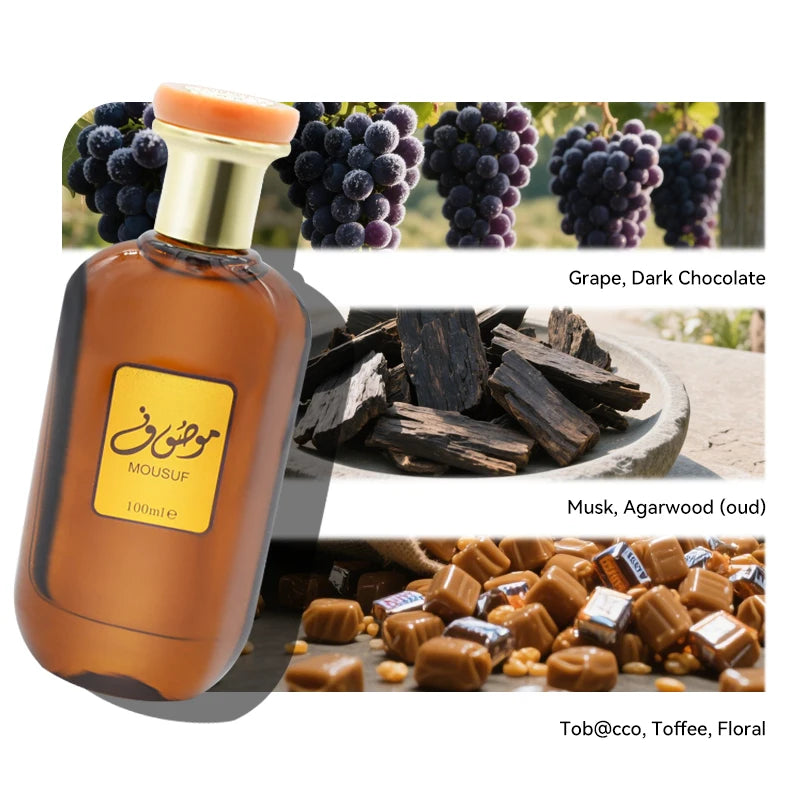Mousuf Intense EDP 100ml: Unisex Arabian perfume with grape, chocolate, musk, oud, and toffee in a chic glass bottle.