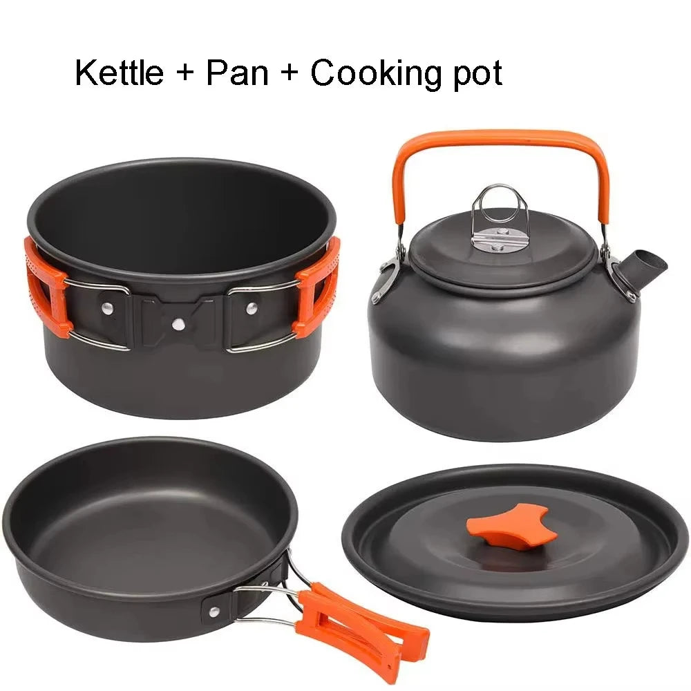 Aluminum alloy camping cookware set: kettle, cooking pot, and pan with orange handles